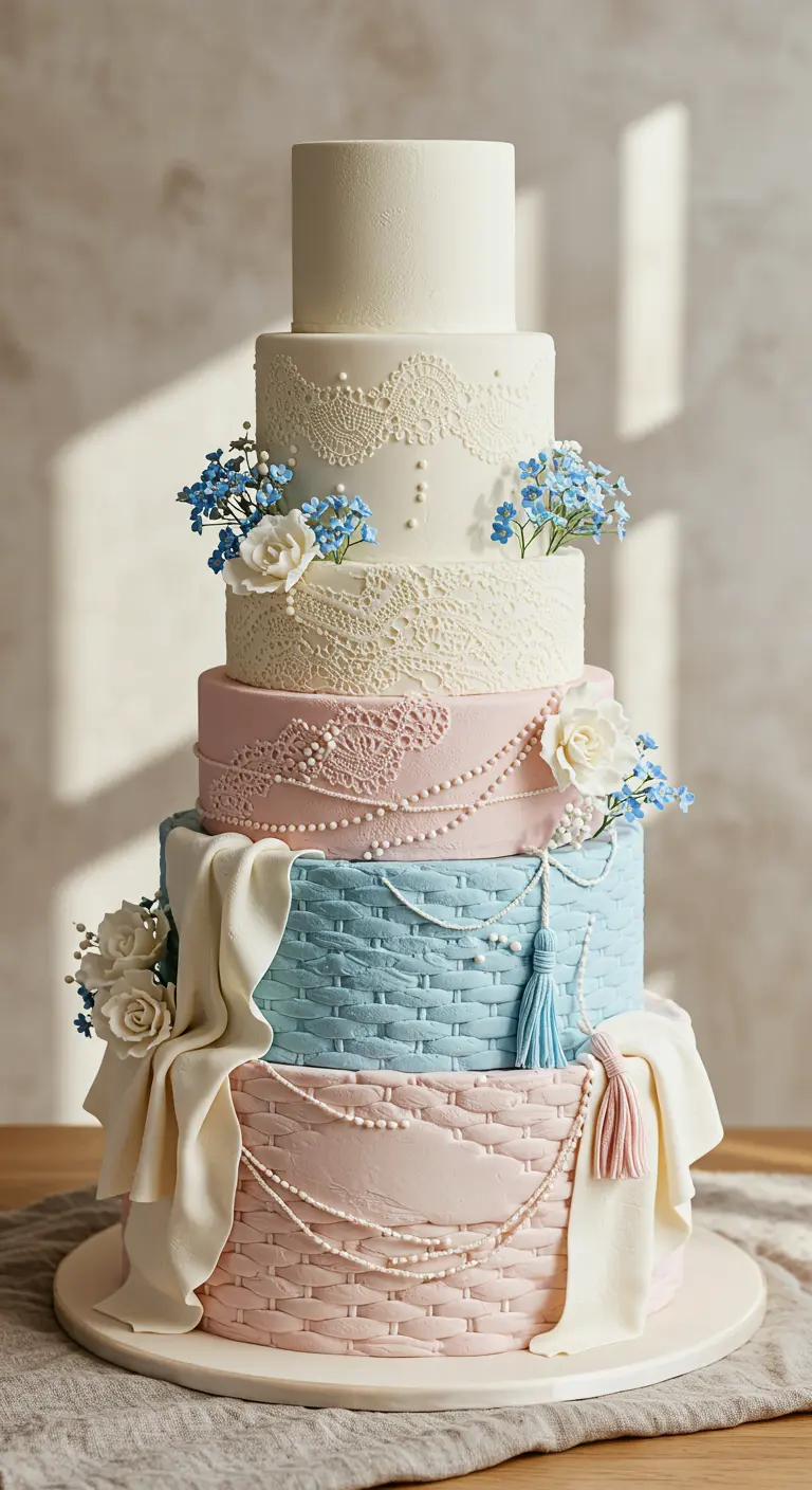 Mehrstöckige Pastell-Hochzeitstorte mit Spitzenmustern, Perlenketten, drapierter Stoff-Optik und Zuckerblumen.