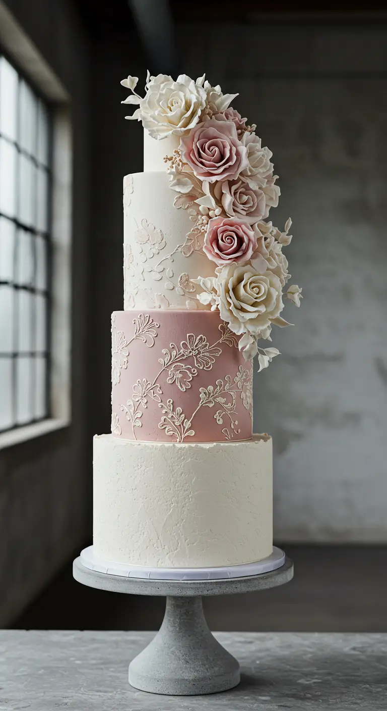 Dreistöckige Hochzeitstorte mit rosa und weißen Etagen, Stickerei-Muster und Zuckerrosen.
