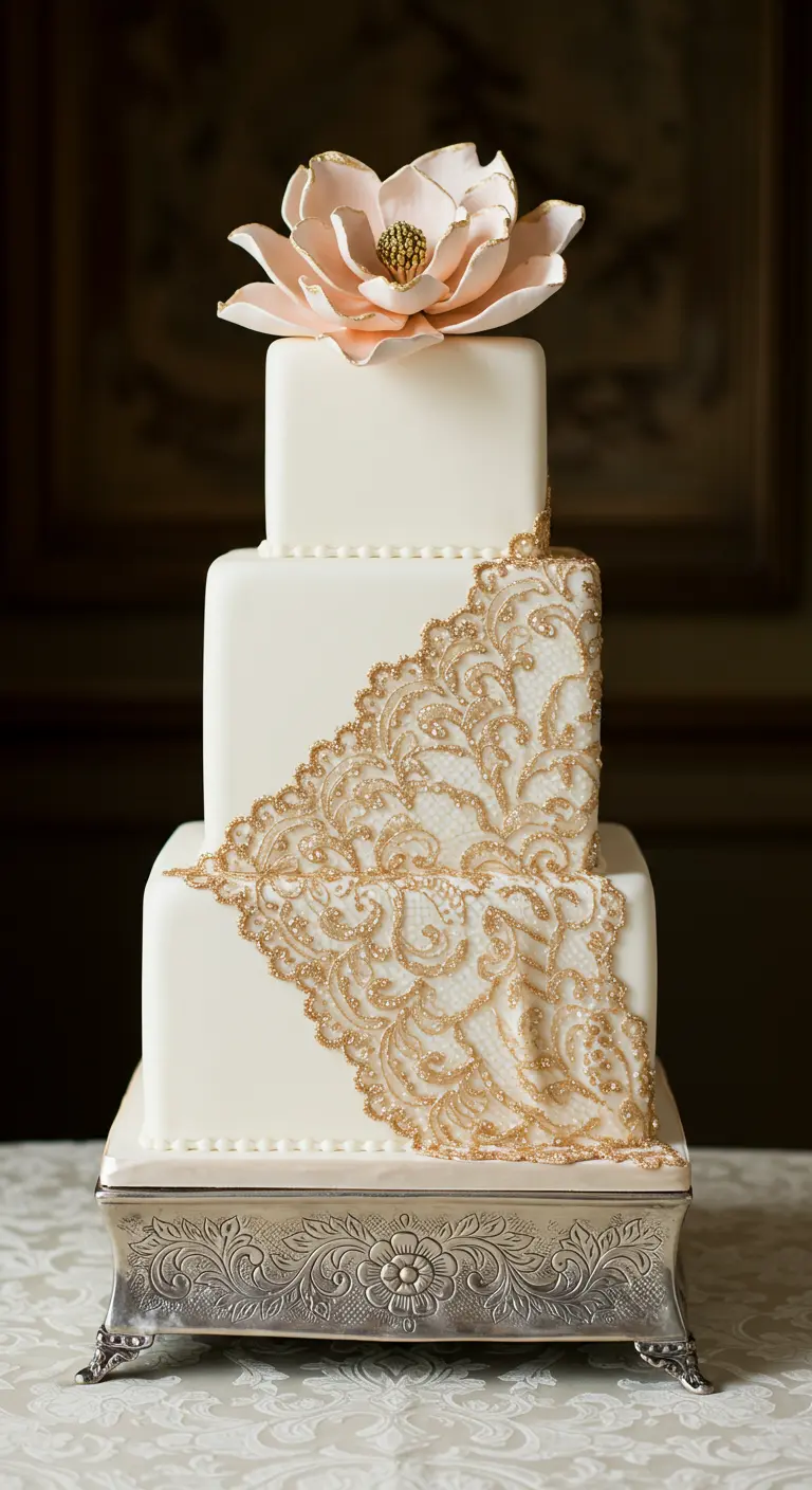 Dreistöckige weiße Hochzeitstorte mit filigranem goldenem Spitzenmuster und einer Zuckerblüte.