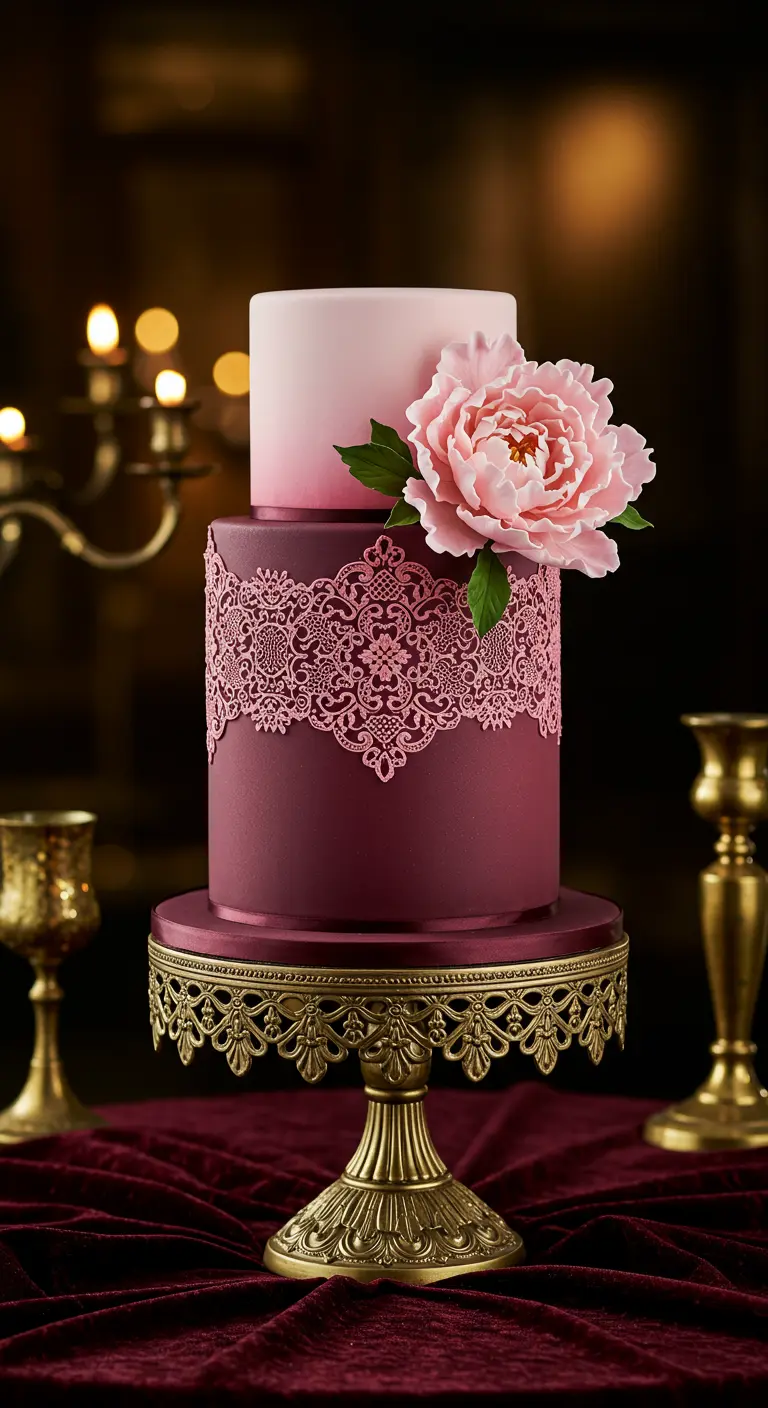 Zweistöckige Torte mit Pink-Ombre oben und bordeauxroter Spitze unten, verziert mit einer großen rosa Pfingstrose.