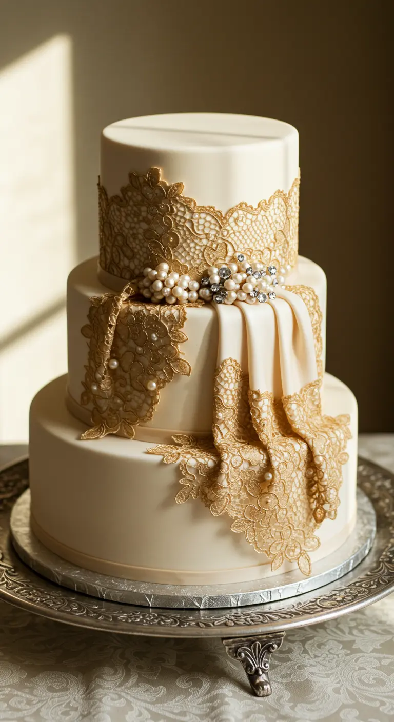 Dreistöckige Elfenbeintorte mit goldener, essbarer Spitze und einer Brosche aus Perlen und Kristallen.