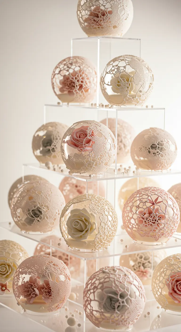 Turm aus Acryl mit transparenten Kugeln, die zarte Spitzenmuster und kleine Zuckerrosen enthalten.