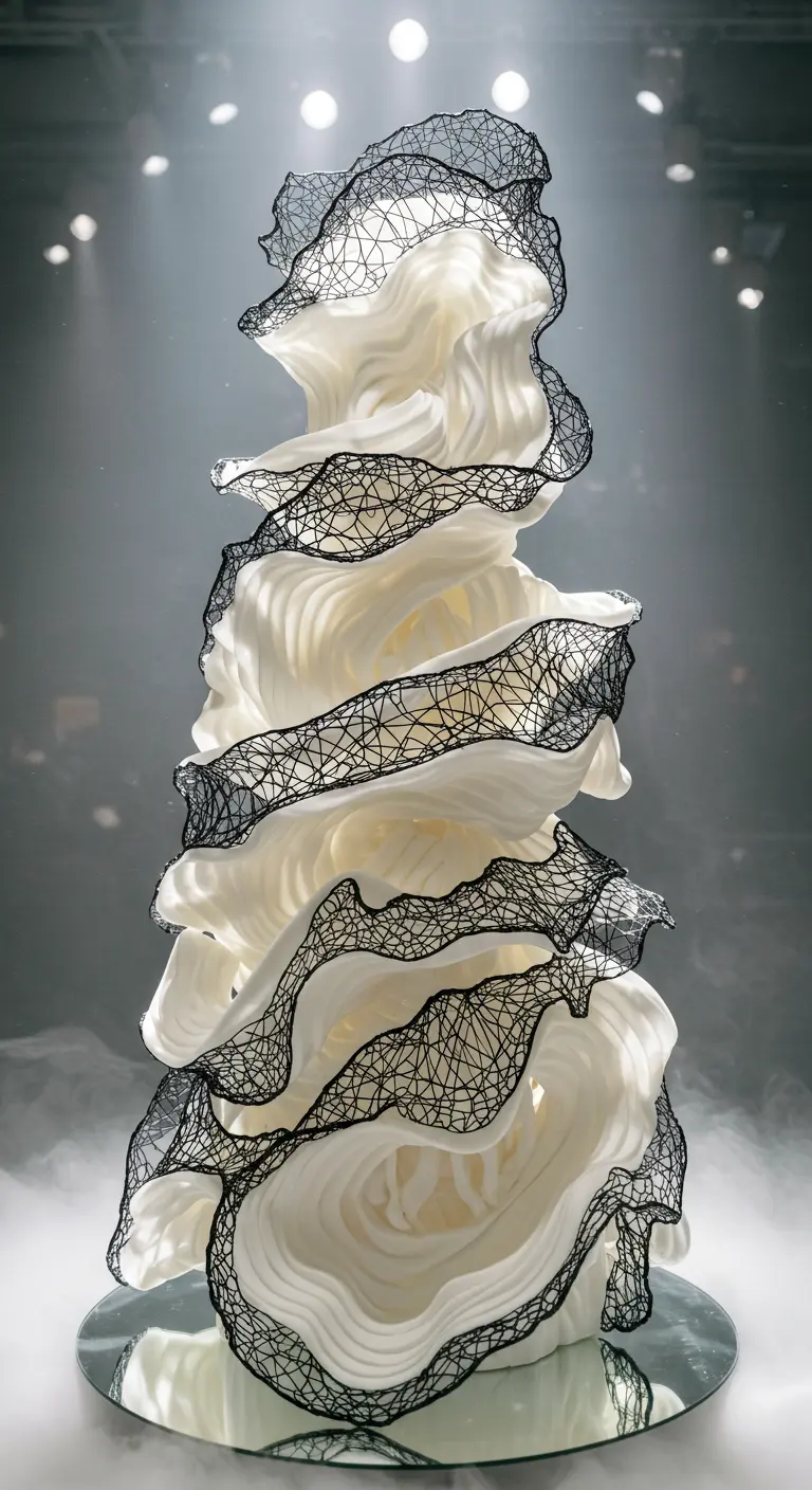 Mehrstöckige weiße Hochzeitstorte mit voluminösen Rüschen, deren Ränder mit schwarzem Netzmuster verziert sind.