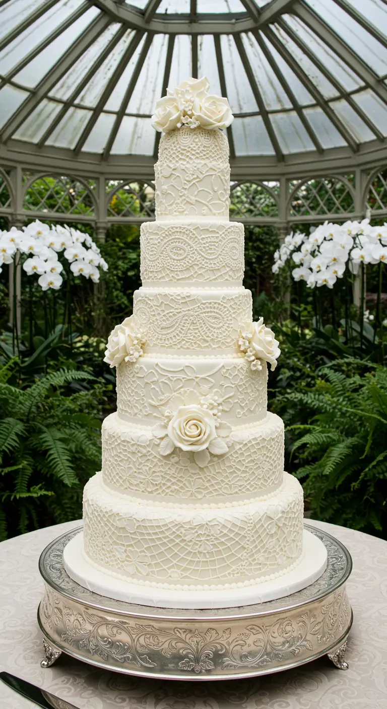 Hohe, weiße Hochzeitstorte, komplett mit filigranen essbaren Spitzenmustern überzogen.