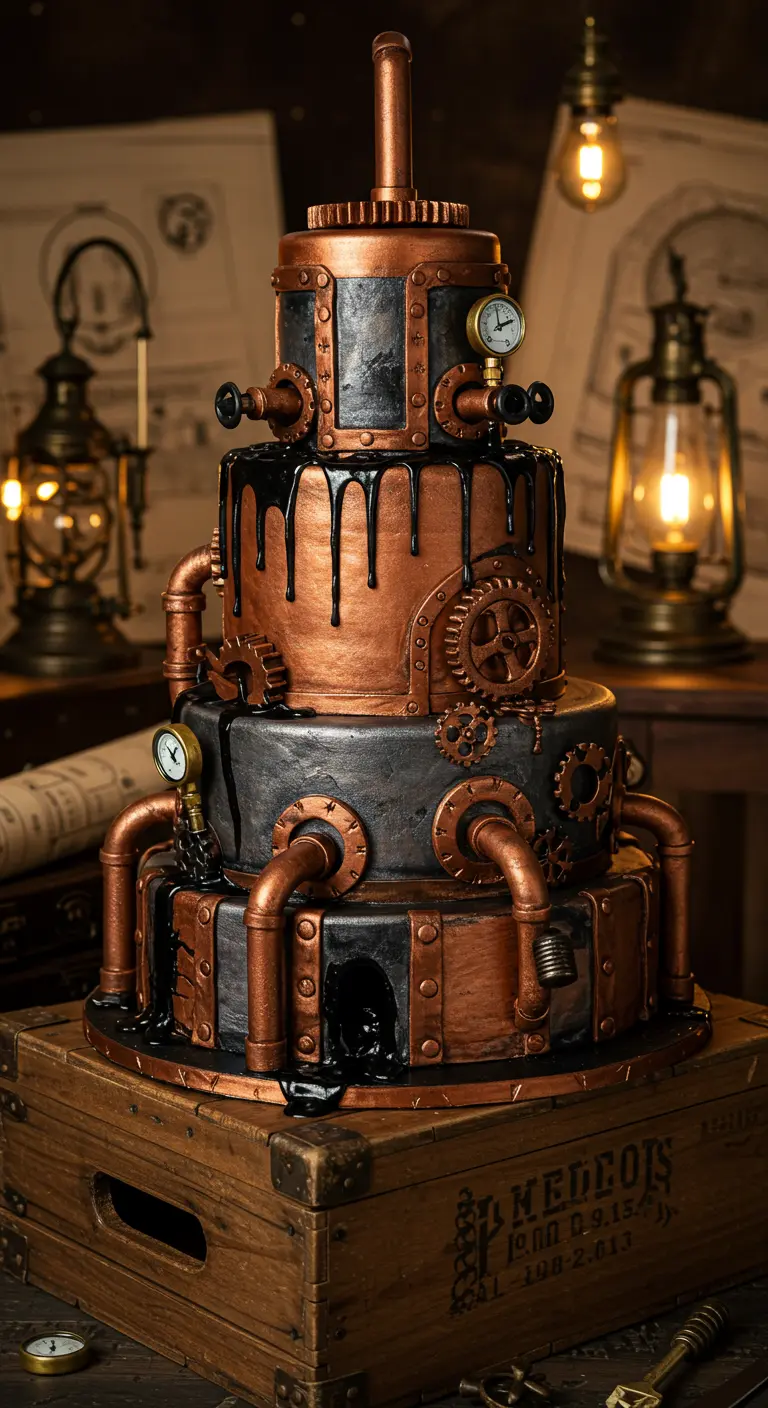 Steampunk-Hochzeitstorte mit Zahnrädern, Rohren, Kupfer-Details und schwarzem Drip.