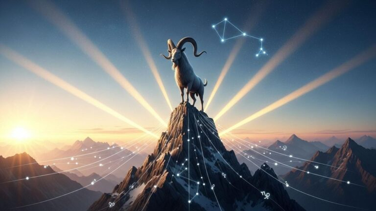 Steinbock auf Berggipfel, Sternenkonstellation. Symbolik für Stärke und Zukunft. Sei mutig am 16. Juni!