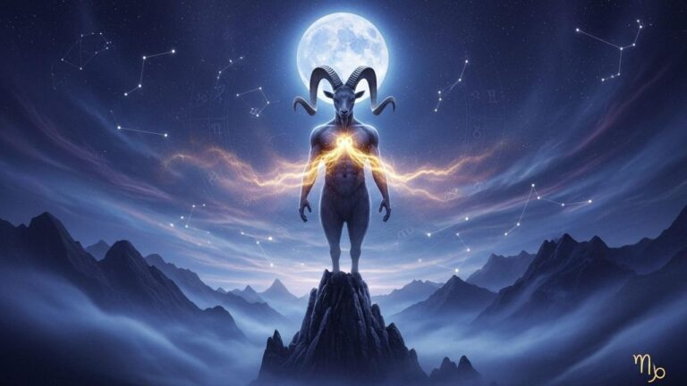 Steinbock-Sternzeichen, Vollmond, Konstellationen. Karmische Lektion und Klarheit am 10. Juni. Mystische Szene.