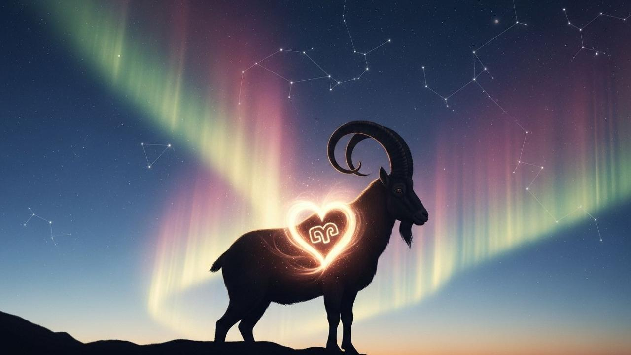 Steinbock Sternzeichen mit Herz vor kosmischem Hintergrund für den Artikel über Liebe im Juni.