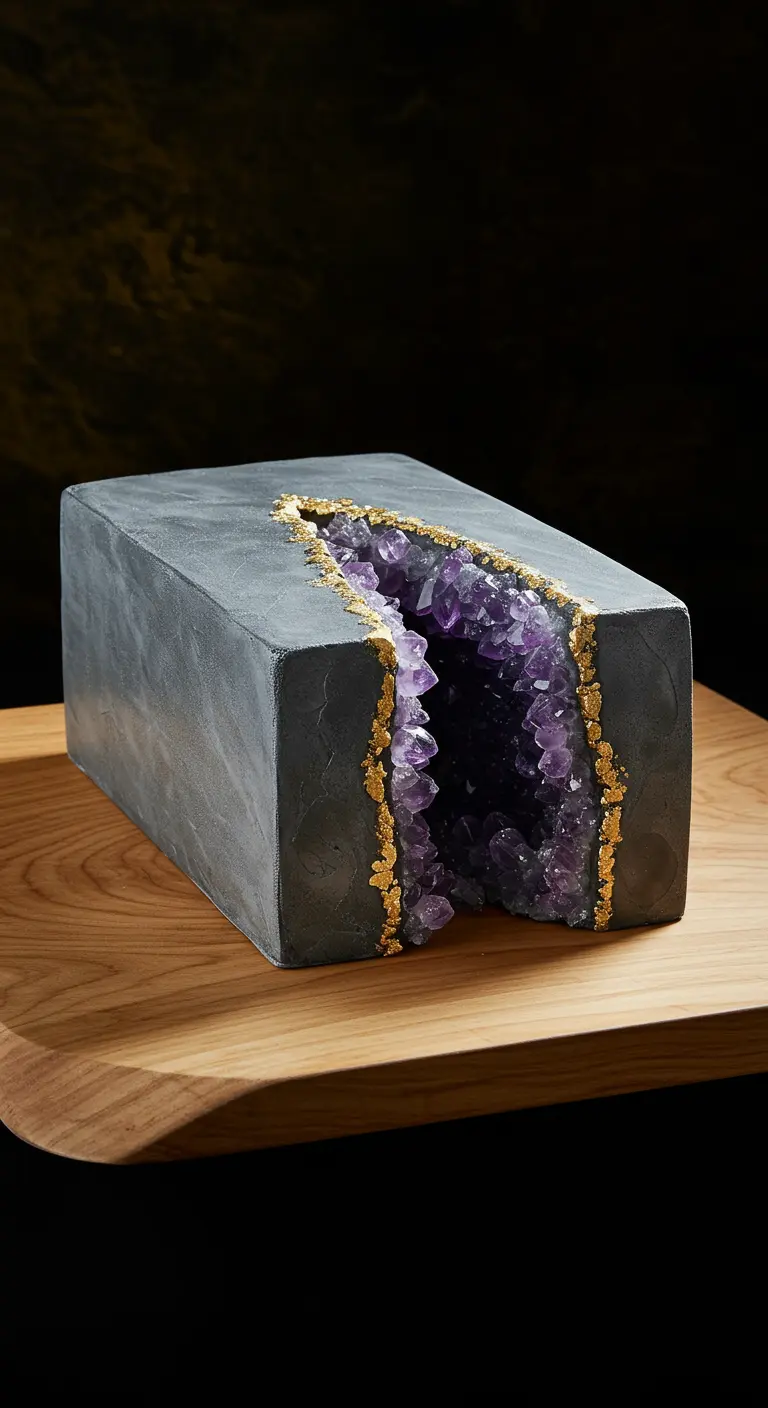 Graue rechteckige Torte mit violetter Kristall-Geode und Goldakzenten.