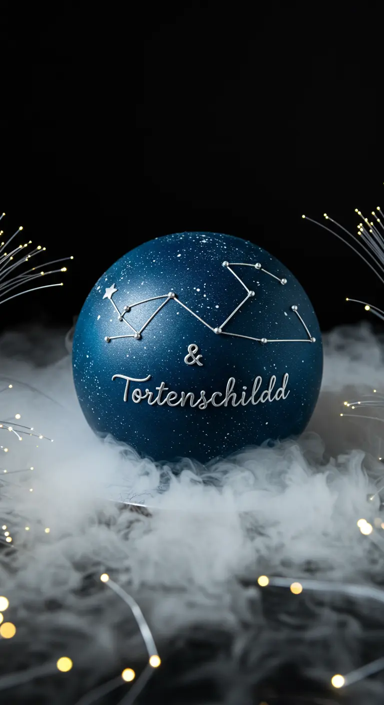 Dunkelblaue Kugeltorte mit Sternbild und Schriftzug „Tortenschildd“.