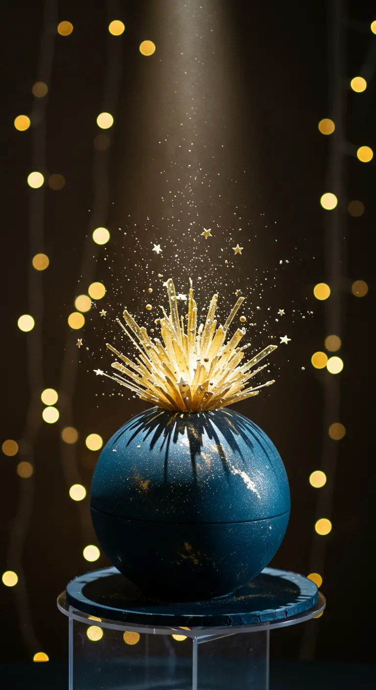 Dunkelblaue kugelförmige Torte mit einem goldenen, sternförmigen Feuerwerk-Topper.