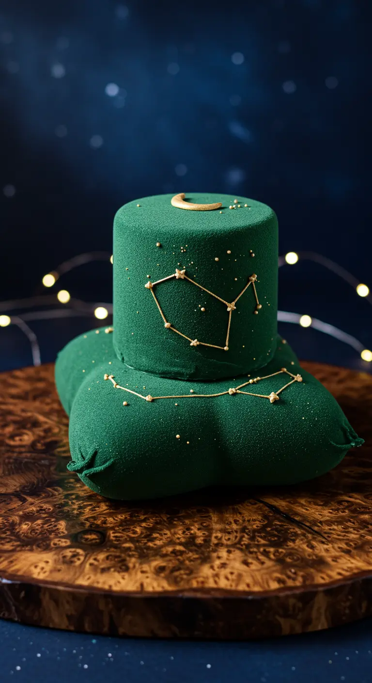 Grüne Samt-Torte in Kissenform mit goldenen Sternbildern auf gemasertem Holzbrett.