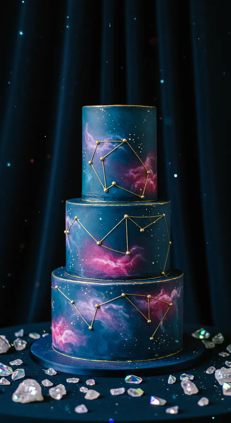 Dreistöckige Torte in Galaxie-Optik mit goldenen Sternenbild-Linien.