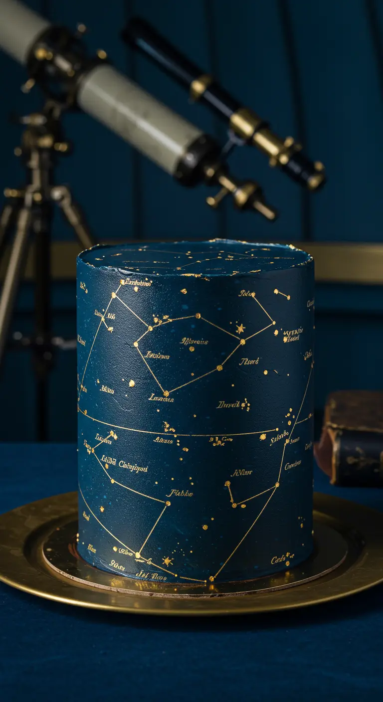 Dunkelblaue Torte, verziert mit goldenen Sternbildern und Konstellationen.