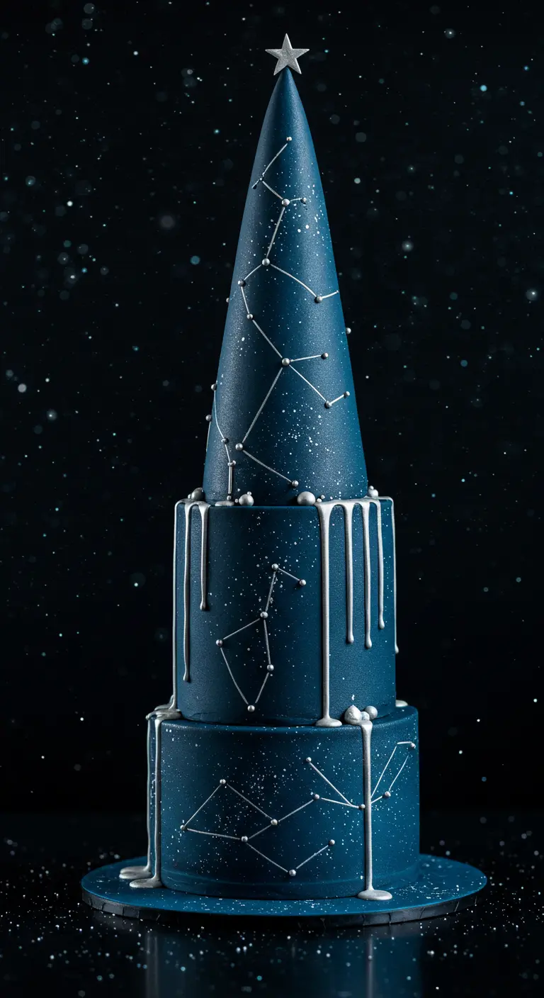 Dunkelblaue Hochzeitstorte mit silbernem Drip und aufgemalten Sternenkonstellationen.