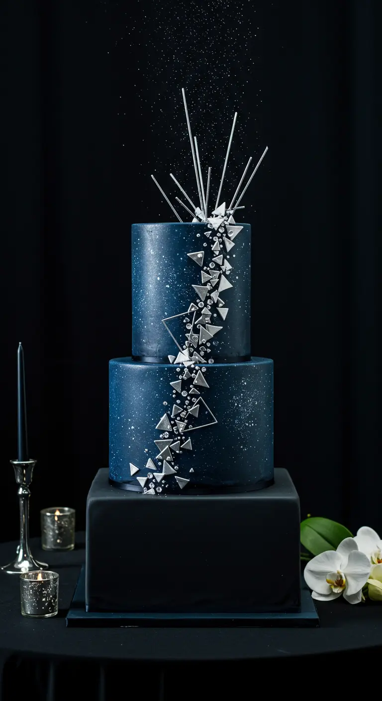 Zweistöckige dunkelblaue Torte mit silbernen geometrischen Formen, Perlen und sternenartigen Stäbchen.