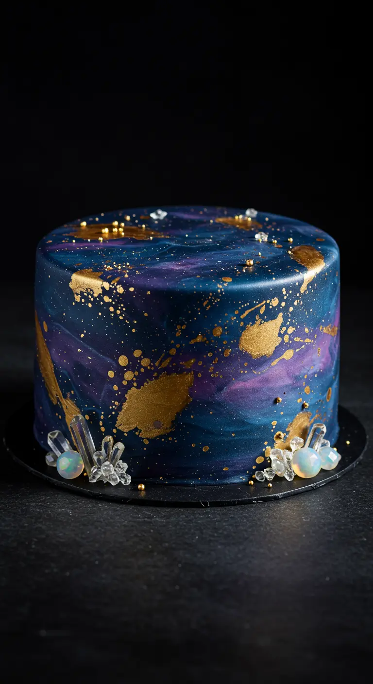 Dunkelblaue Torte mit lila und goldenen Akzenten (Galaxy-Effekt) und klaren Kristallen.