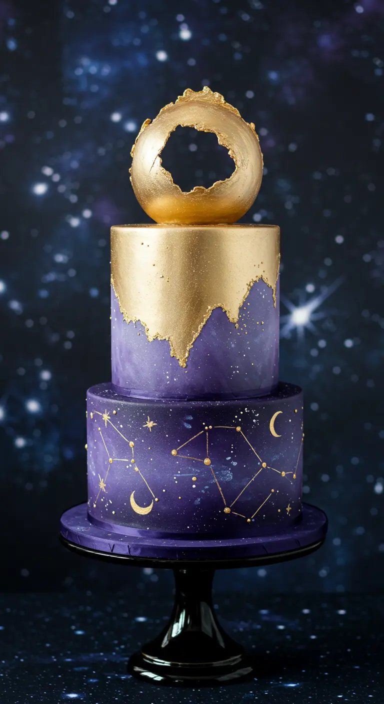 Zweistöckige Ombre-Torte in Lila und Blau mit goldenen Sternen, Mondsicheln und einer goldenen Krone oben.