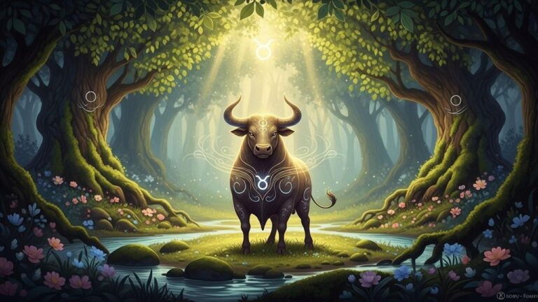 Harmonischer Stier: Ein Stier im Wald, umgeben von Glück verheißenden Symbolen. Dienstagshoroskop.