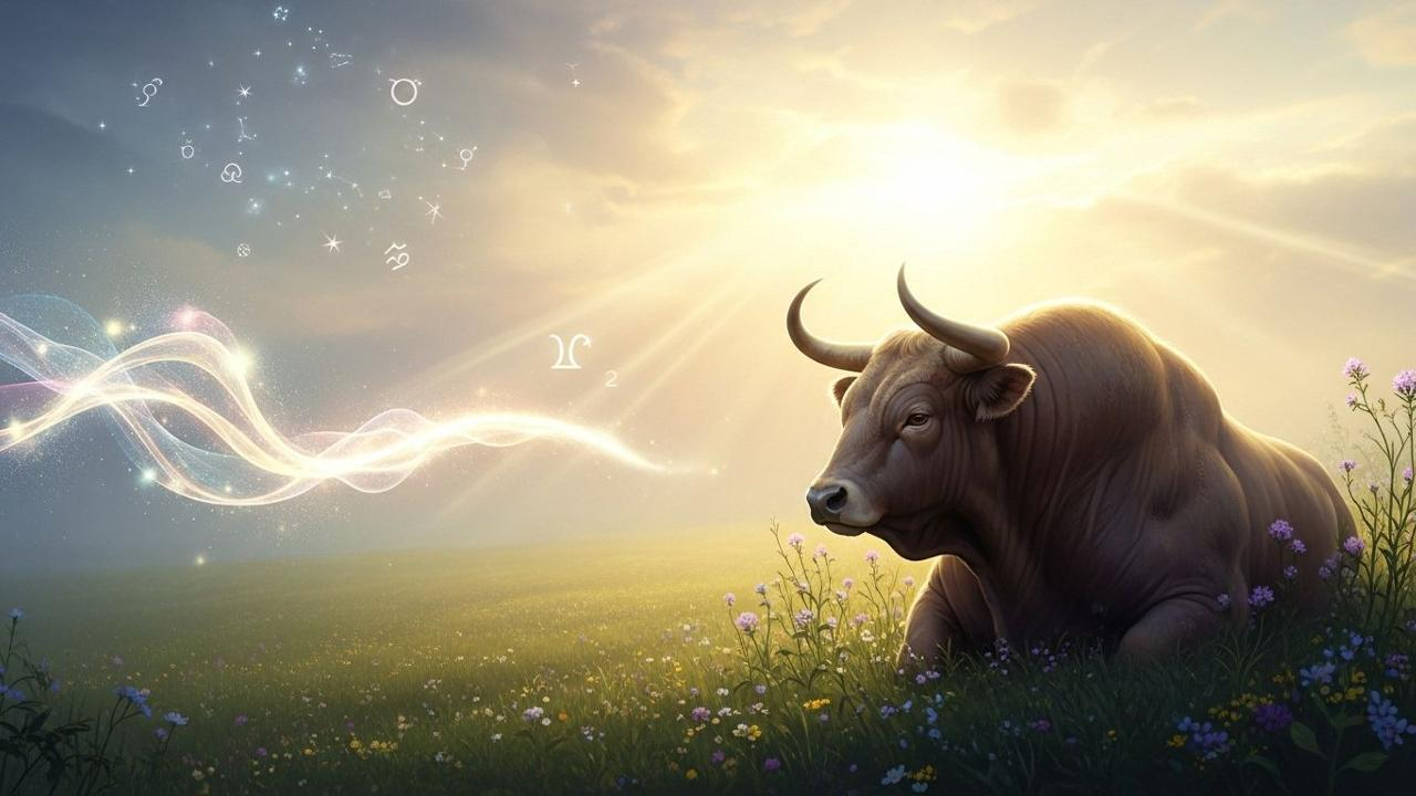 Stier liegt entspannt auf einer Blumenwiese, astrologische Symbole leuchten. Geborgenheit Mitte Juni.