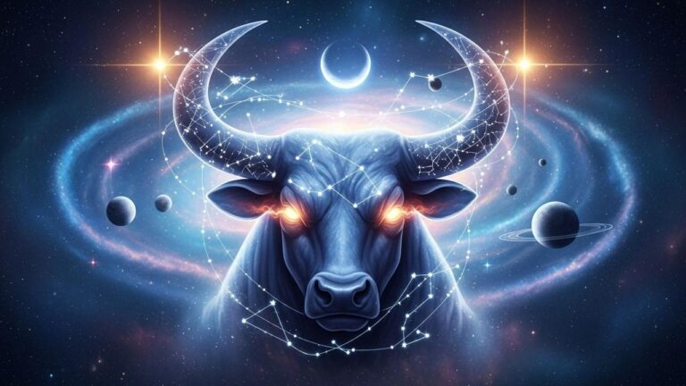 Sternzeichen Stier im August: Konstellation mit Stierkopf vor kosmischem Hintergrund.
