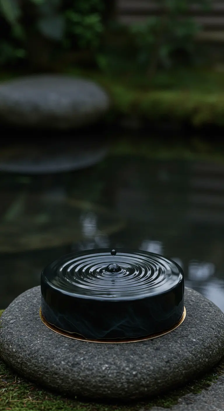 Tiefschwarze Torte mit Spiegelglasur, die wie eine Wasseroberfläche mit Wellenkreisen aussieht.
