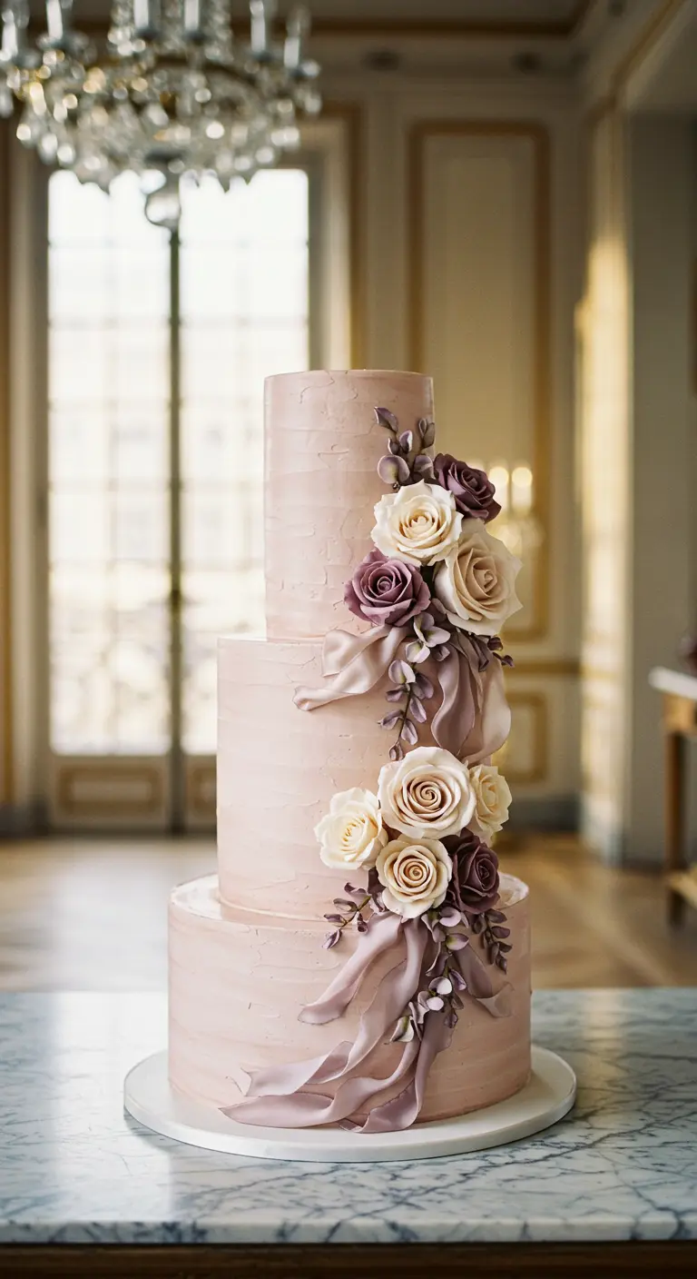 Rosafarbene Hochzeitstorte mit Spachteltechnik, Zuckerrosen und Stoff-ähnlichen Drapierungen.