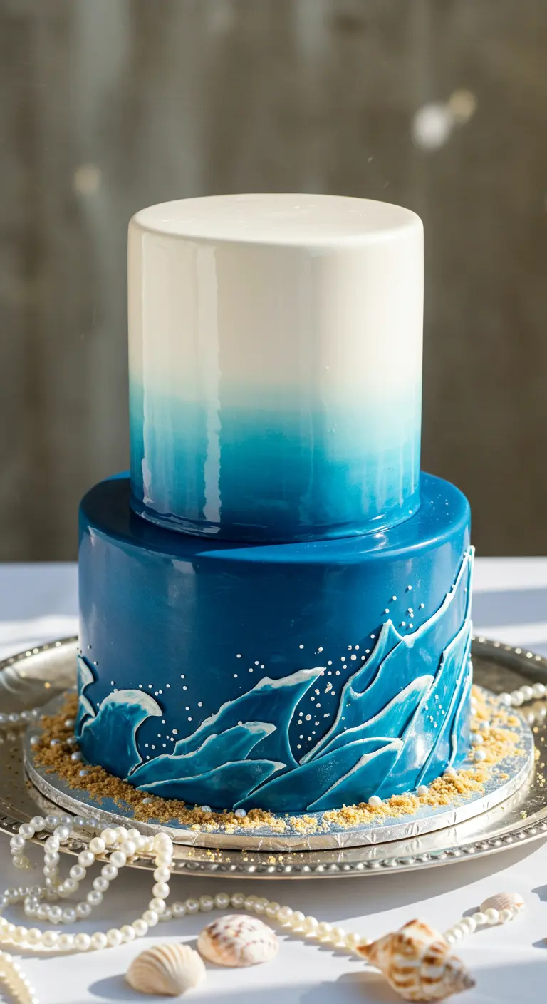 Zweistöckige Ombre-Torte in Blau und Weiß, mit Wellen und Zuckerperlen, die an einen Strand erinnern.