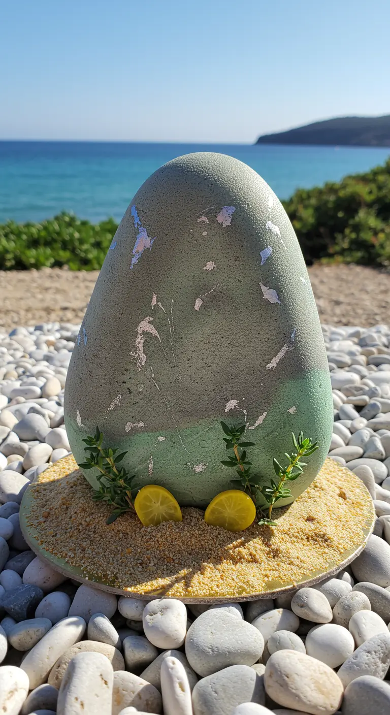 Eiförmige, grau-grüne Torte mit Silberakzenten auf Keks-Sand, dekoriert mit Zitrone und Thymian.