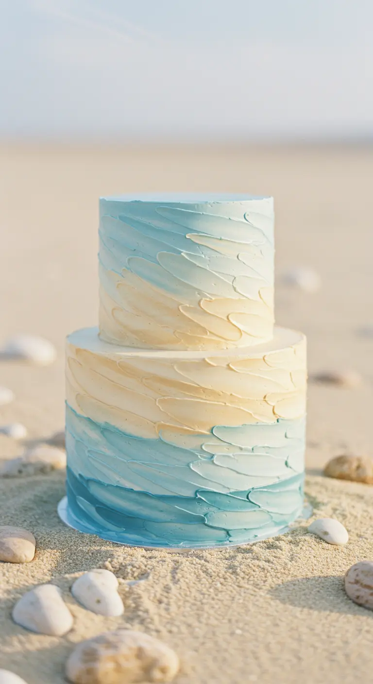 Zweistöckige Hochzeitstorte in Blau- und Sandtönen mit Wellenstruktur am Strand.