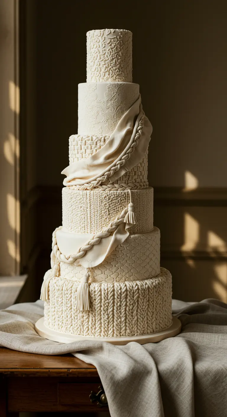 Weiße, mehrstöckige Torte mit verschiedenen Strickmustern und geflochtenen Fondant-Bändern.