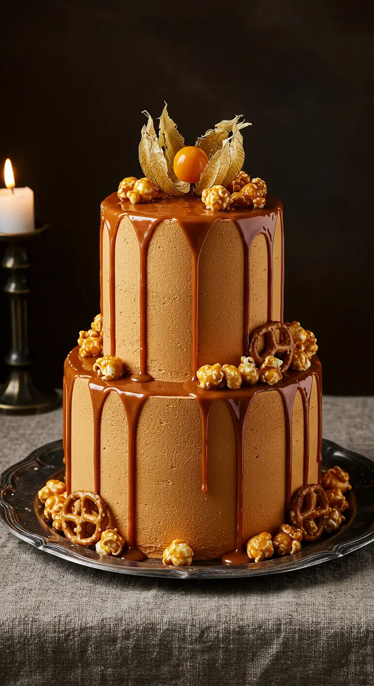 Zweistöckige Karamelltorte dekoriert mit Popcorn, Salzbrezeln und Physalis.