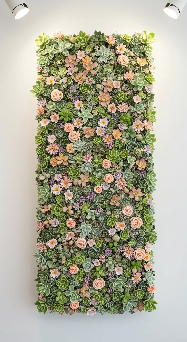 Hohe, rechteckige Hochzeitstorte, komplett bedeckt mit einer Wand aus Zucker-Sukkulenten und pastellfarbenen Blüten.