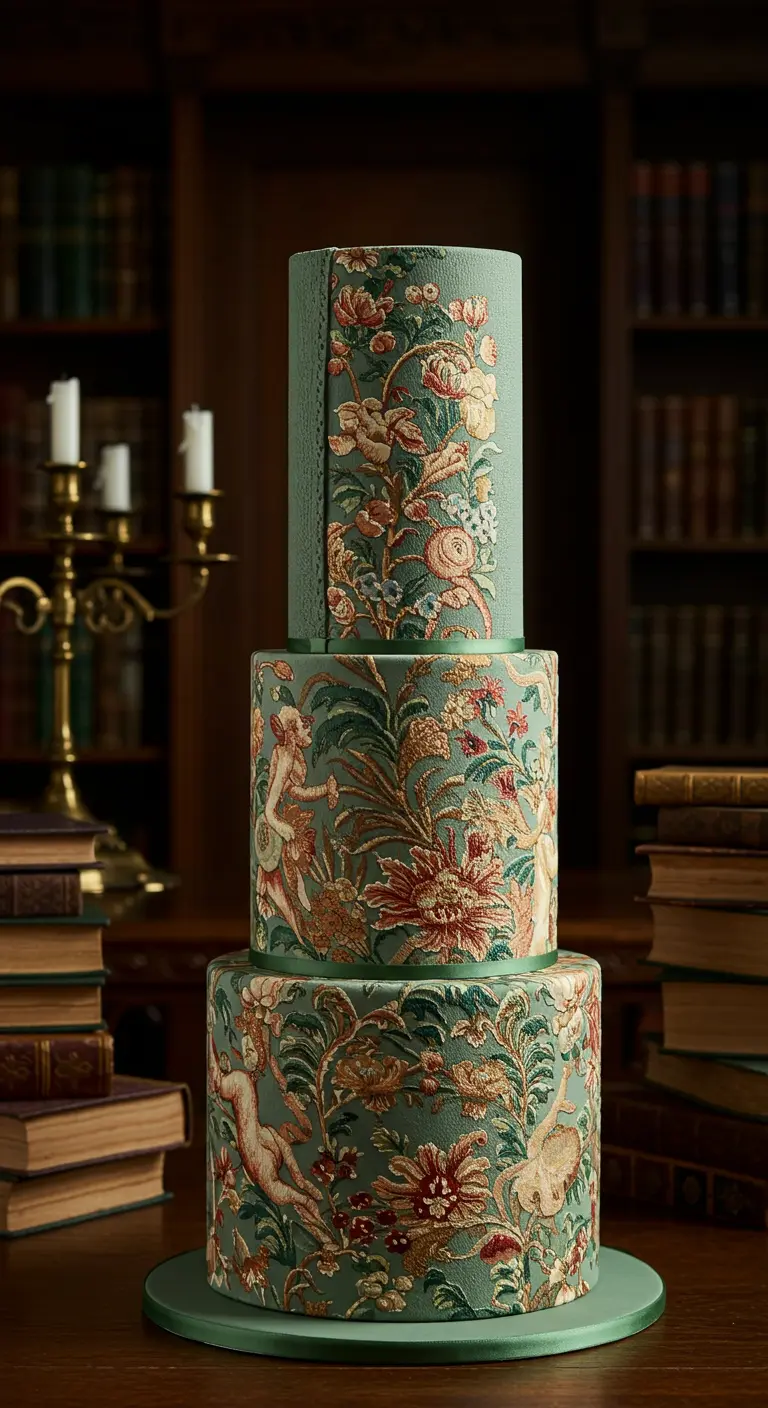 Grüne Hochzeitstorte mit einem floralen Gobelin-Muster, das an eine Tapete erinnert.
