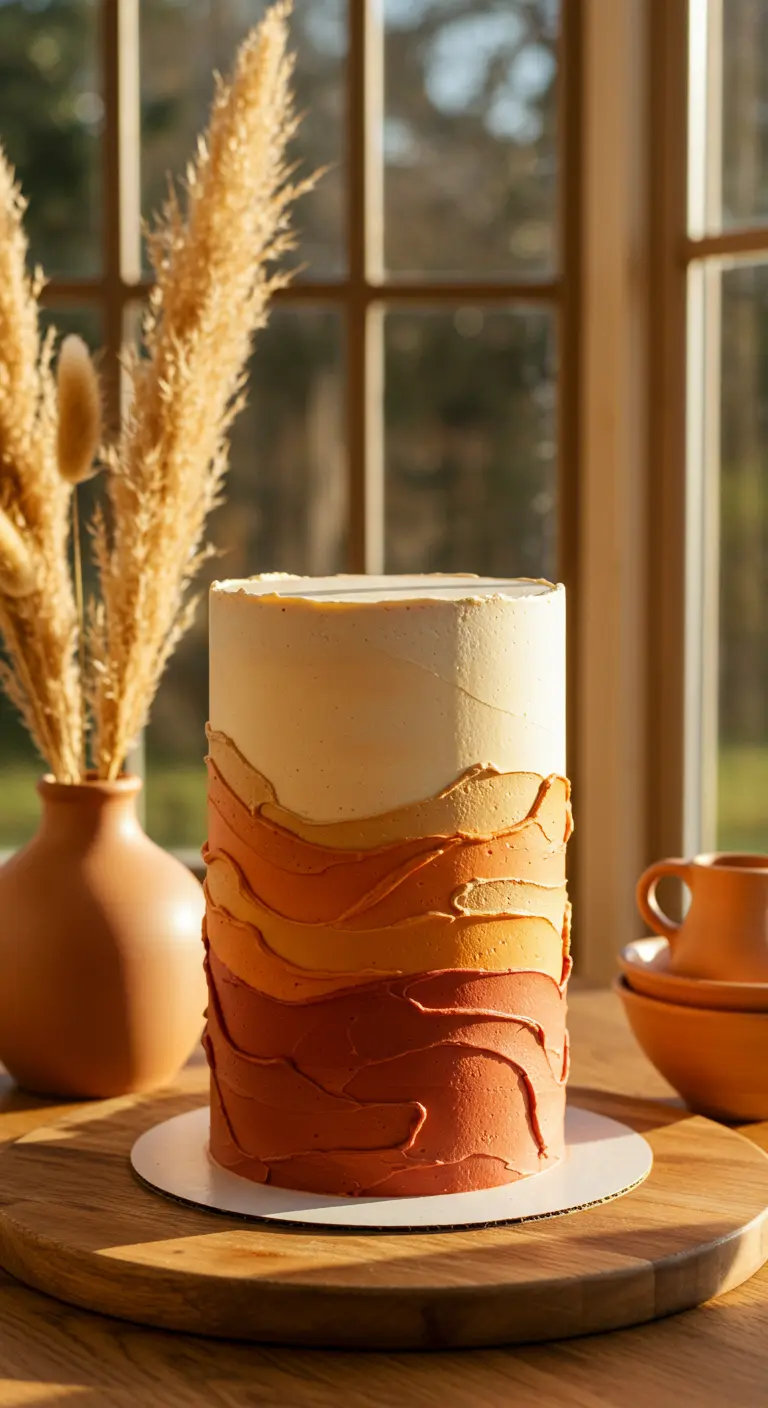 Hohe Torte mit horizontalen Wellenschichten in erdigen Terrakotta-Tönen.