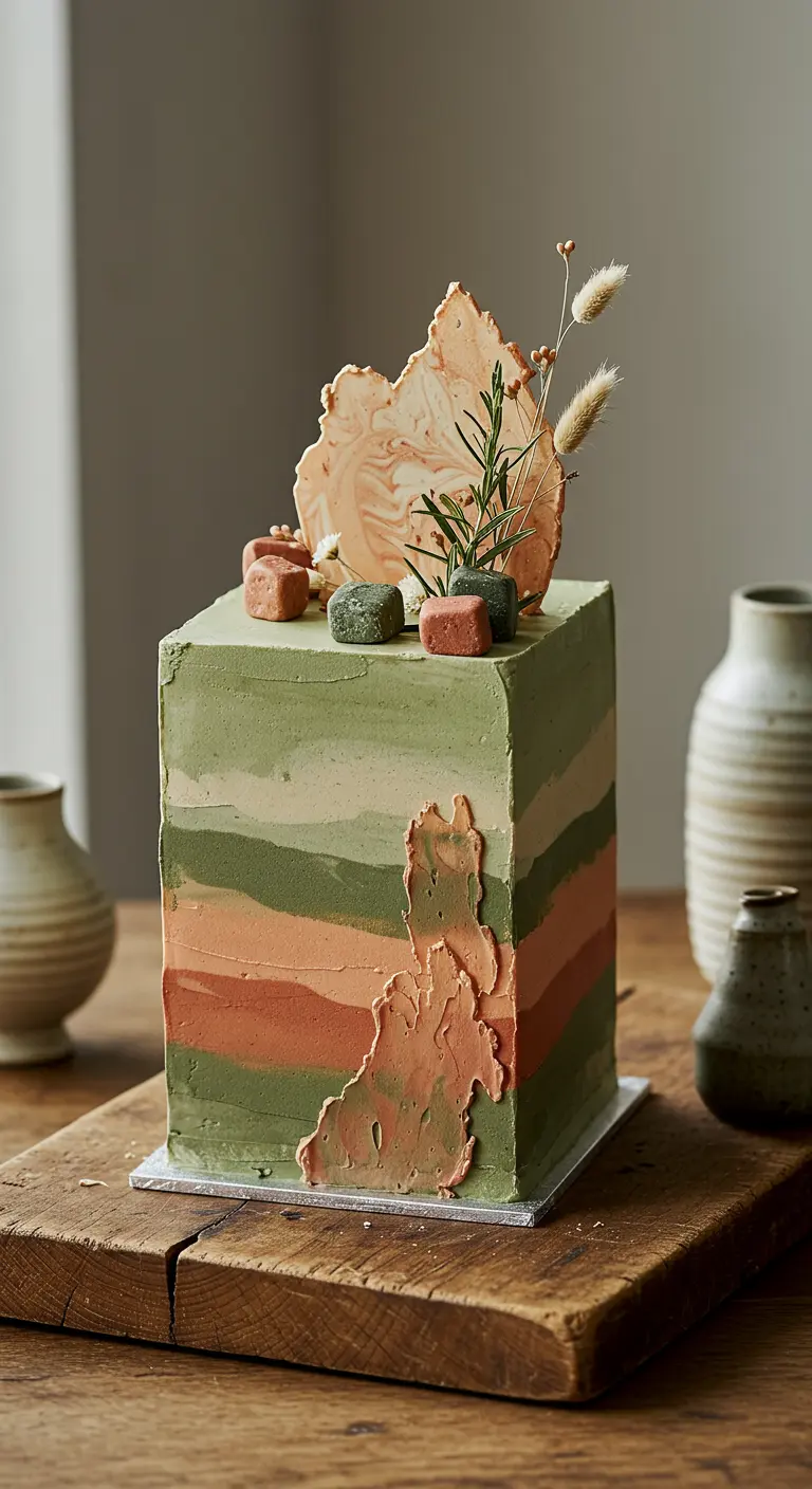 Quadratische Torte in Erdtönen mit Farbblöcken, texturierten Stellen und Trockenblumen.