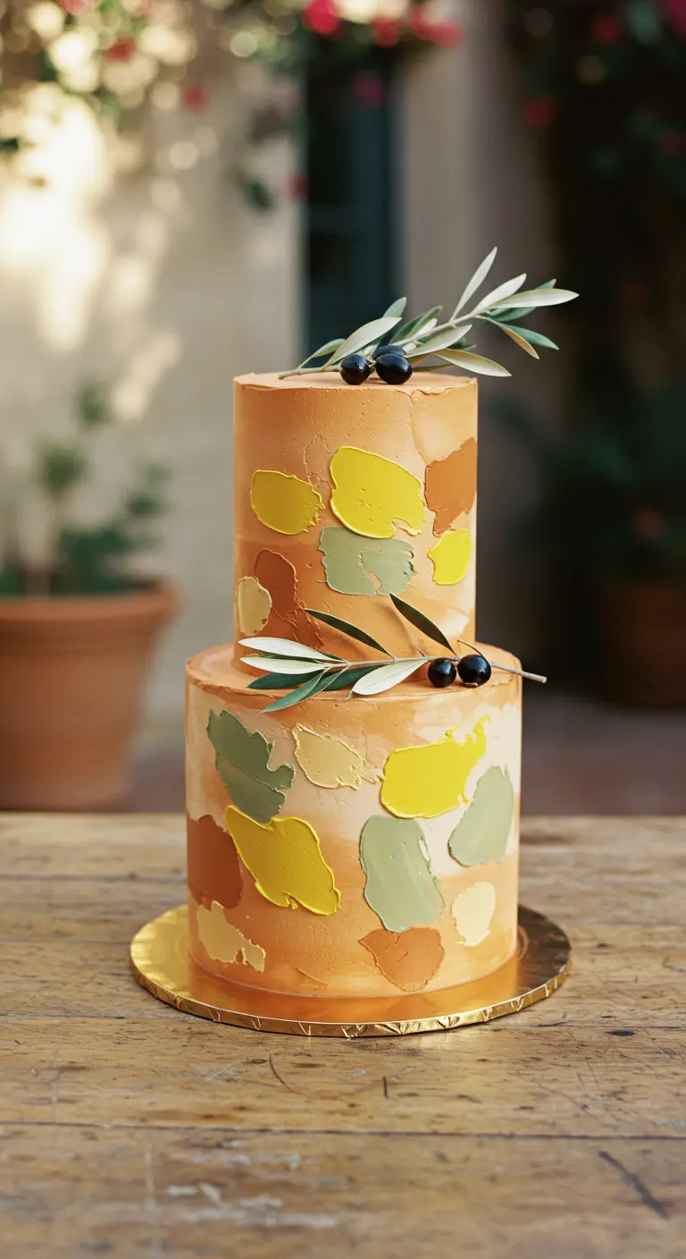Zweistöckige Terrakotta-Torte mit gelben, grünen, braunen Farbtupfern und Olivenzweigen.