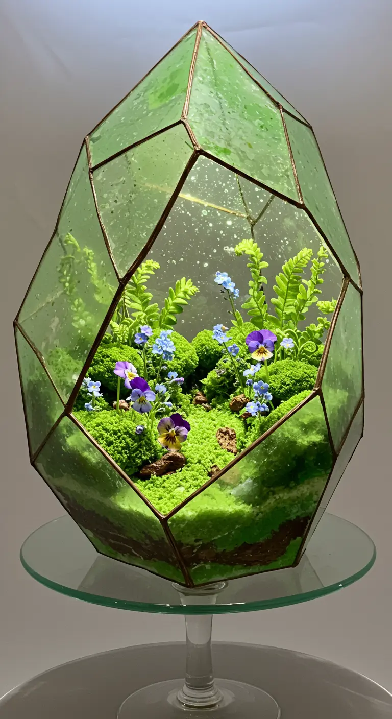 Grüne, geometrische Hochzeitstorte im Terrarium-Stil mit Moos, Farnen und kleinen Zuckerblumen.