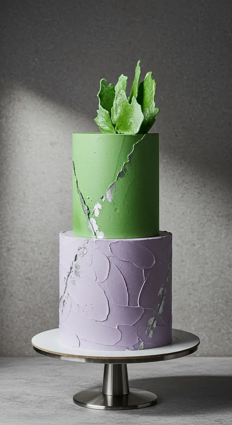 Zweistöckige Torte, unten lila mit rauer Textur, oben grün mit Craquelé-Effekt und Zuckersukkulente.