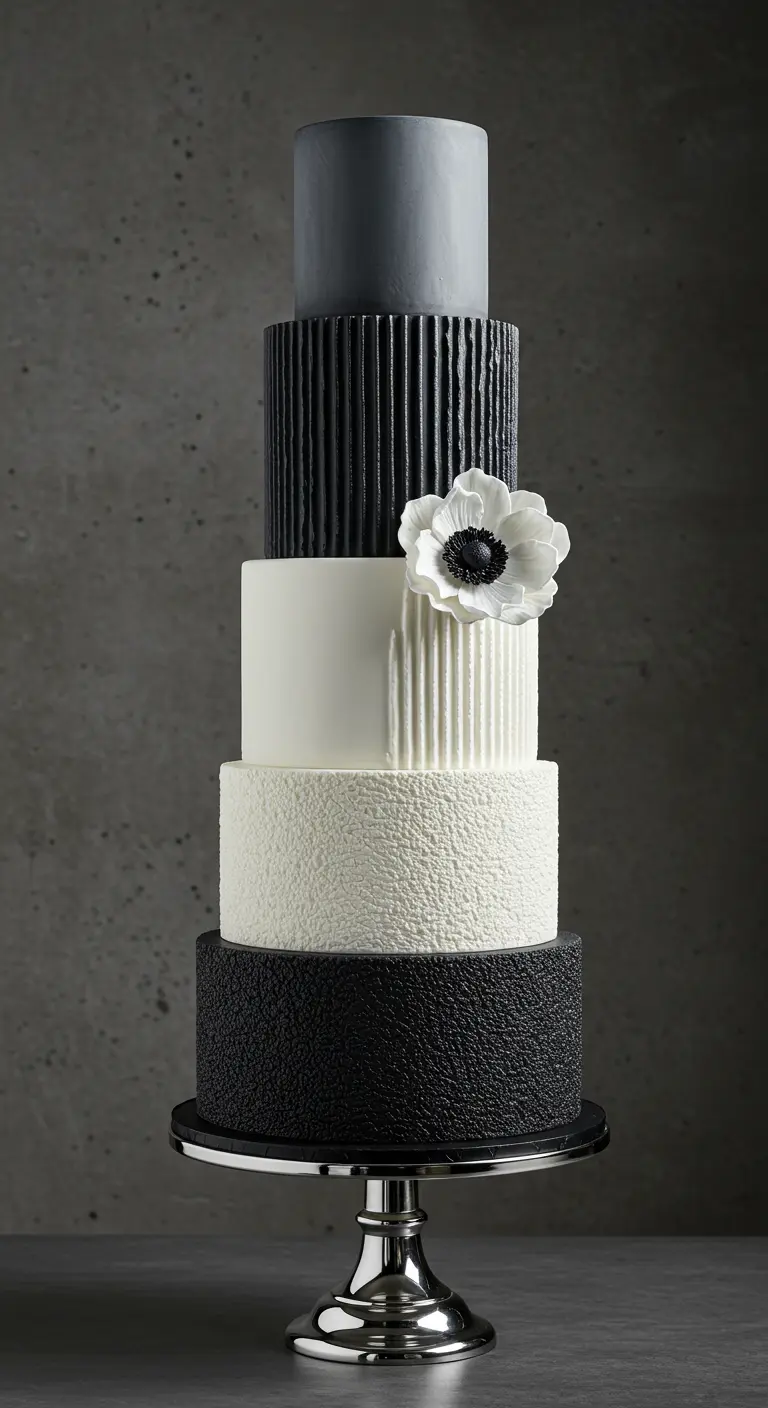 Mehrstöckige Hochzeitstorte mit verschiedenen schwarz-weißen Texturen und einer weißen Anemone.
