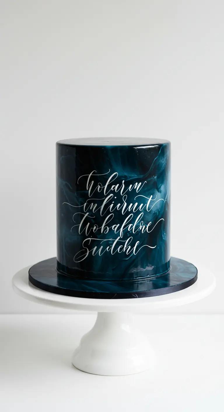 Dunkelblau marmorierte Torte mit elegantem weißen Kalligrafie-Schriftzug