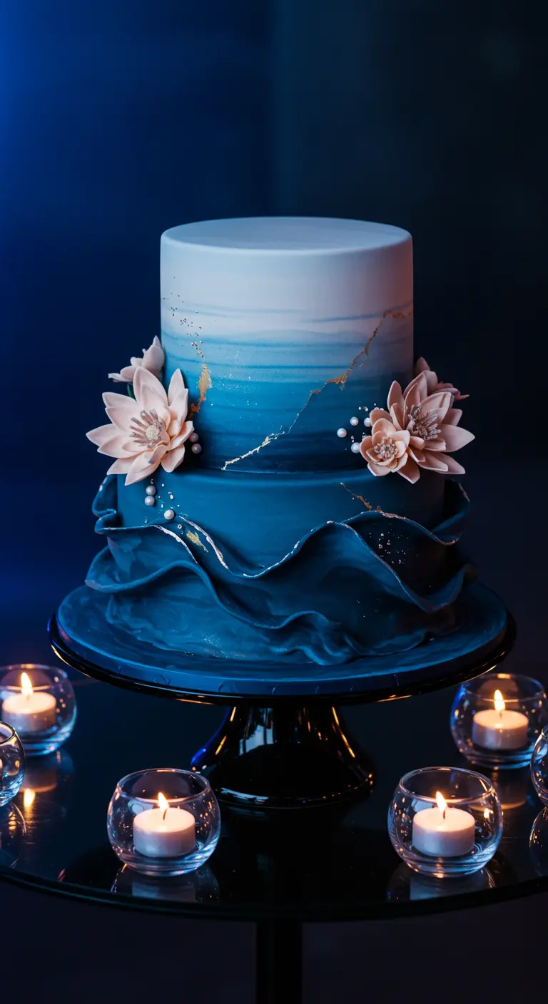 Zweistöckige Ombre-Torte in Blau, unten mit wellenförmiger Textur, oben mit glattem Übergang und Lotusblüten.