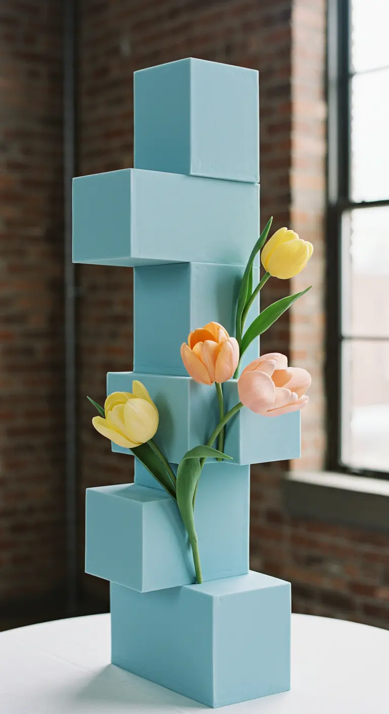 Moderne Hochzeitstorte aus gestapelten blauen Quadern, dekoriert mit echten pastellfarbenen Tulpen.