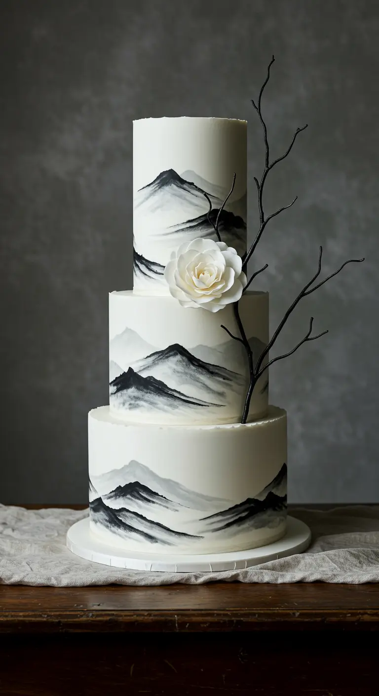 Dreistöckige weiße Hochzeitstorte mit einer Tuschemalerei-ähnlichen Berglandschaft in Schwarz und Grau.