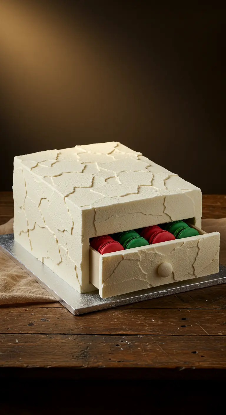 Rechteckige Torte mit einer aufziehbaren Schublade, gefüllt mit roten und grünen Macarons.