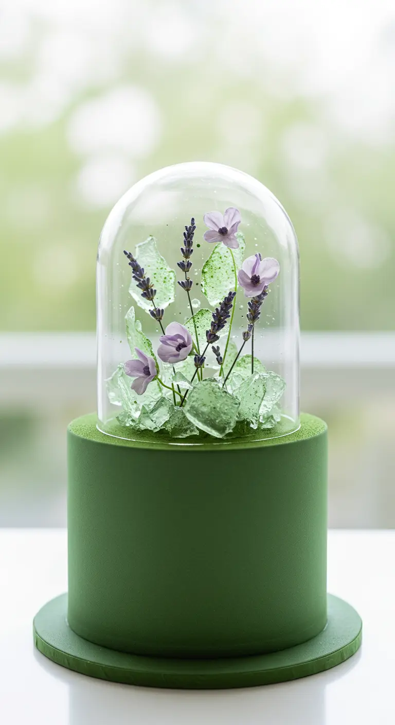 Grüne Torte mit einer Glasglocke, unter der sich Lavendel und Zuckersplitter befinden.
