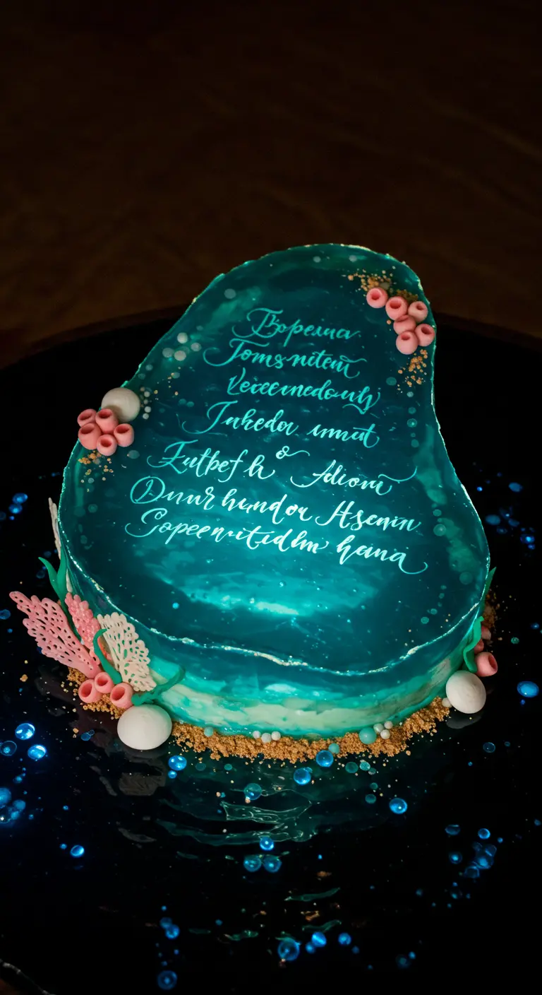 Blau-grüne, tropfenförmige Torte mit weißer Kalligrafie und maritimer Korallen-Deko