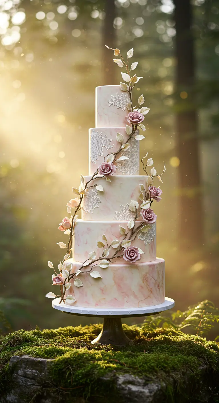 Marmorierte Torte in Rosatönen mit weißen Spitzenbändern und emporrankenden Zuckerrosen.