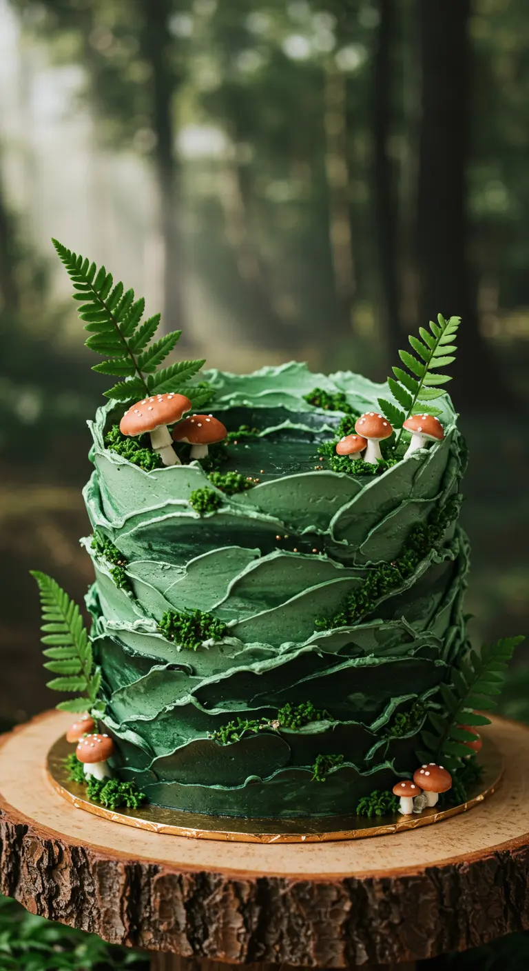 Grüne Hochzeitstorte mit welliger Waldtextur, Farn und Mini-Pilzen.