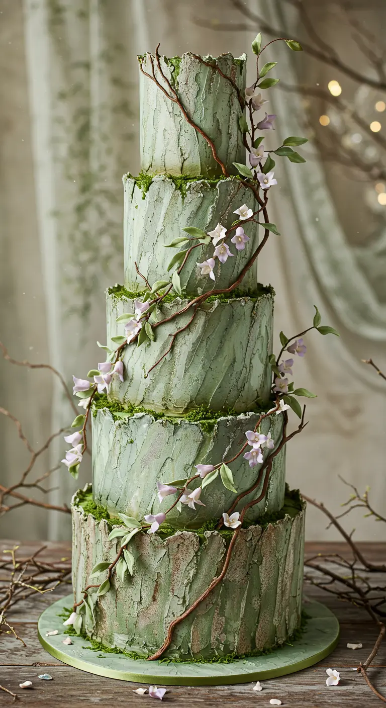 Grüne, baumrindenähnliche Hochzeitstorte mit Moos-Textur, Zucker-Ranken und zarten Blüten.
